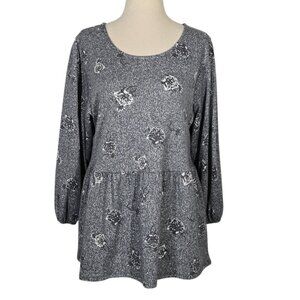 BOBEAU charcoal Floral Babydoll peplum top 3/4 Sleeve Size Medium NWOT